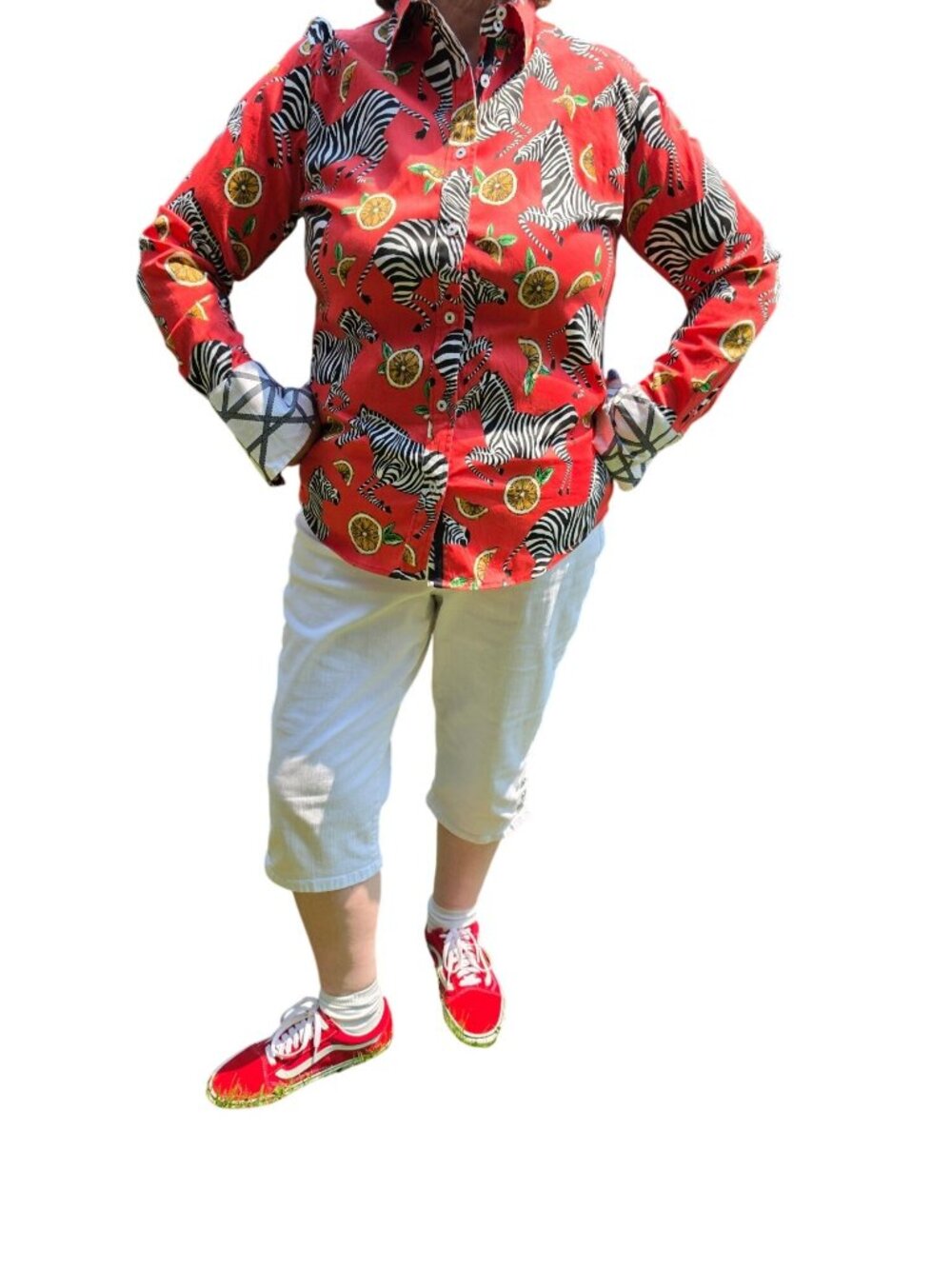 Tizzie Red Zebra Citrus Button Up Shirt L Dopamine Dressing Novelty Statement - Picture 2 of 10